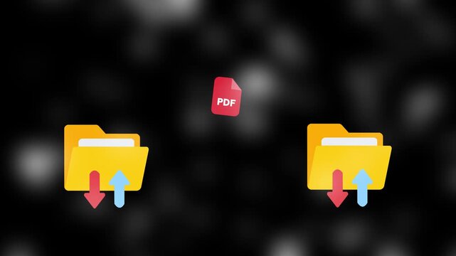 Seamless animated PDF file transfer between two yellow folders on a background. backup storage, artificial intelligence, cloud storage technology concept