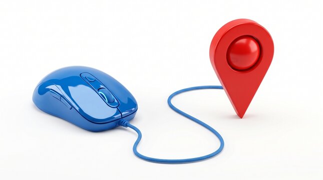 Blue wired computer mouse connected by cable to red map location pin icon with mouse linked pin symbol technology navigation peripheral searching