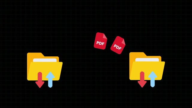Seamless animated PDF file transfer between two yellow folders on a background. backup storage, artificial intelligence, cloud storage technology concept
