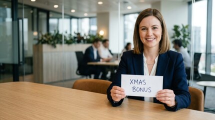 Fototapeta premium Smiling businesswoman holds 'XMAS BONUS' card in modern office, celebrating holiday rewards with bokeh background