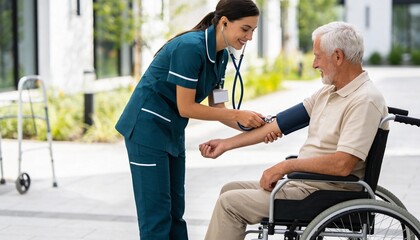 Fototapeta premium Female nurse checking blood pressure of an elderly man in a wheelchair. Professional caregiver monitoring senior patient health outdoors. Geriatric care and medical checkup concept