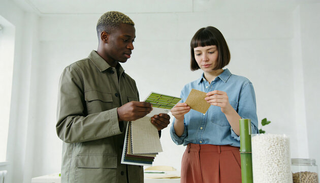 Diverse design team examining sustainable material samples in a bright studio. Interior designers collaborating on eco-friendly project. Corporate social responsibility and green architecture concept