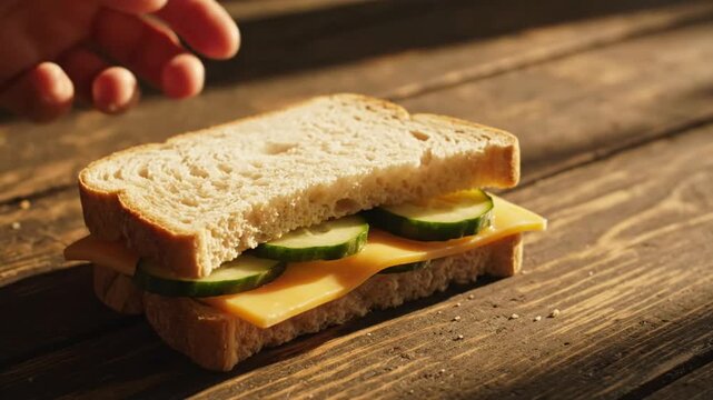 Hand placing top slice on a delicious sandwich with cucumber and cheddar cheese on a rustic wooden table