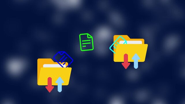 Seamless animated file transfer, Digital file transfer concept with yellow folders and flying documents background