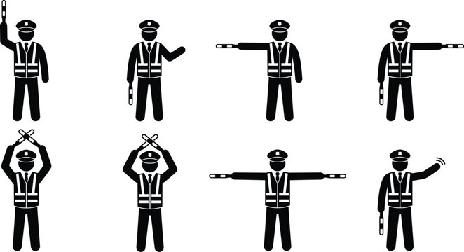 Traffic Police Officer Vector Silhouette Set Directing Traffic with Signal Wands and Hand Gestures