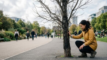 Obraz premium Woman touching a leafless tree trunk in a city park, symbolizing environmental connection and urban nature awareness.