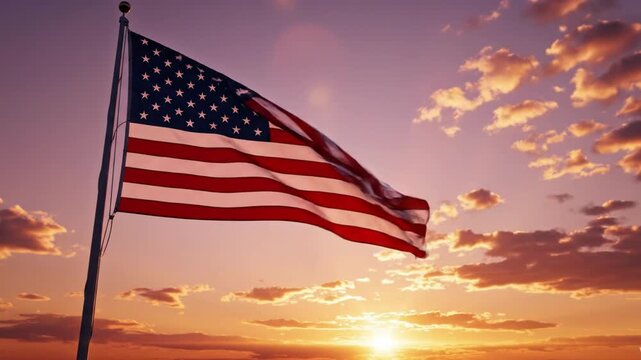 American flag waving against a beautiful sunset sky 4k video