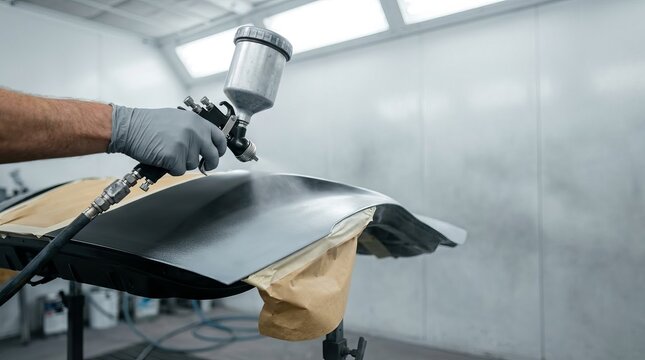 Auto body professional primes car trunk in high-key paint booth, close-up of gloved hand using spray gun
