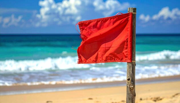 close-up of a red beach warning flag with a blurred turquoise ocean and blue sky, highlighting coastal safety and hazardous swimming conditions with copy space.