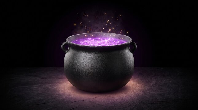 A bubbling cauldron glows with a mystical purple potion, emitting shimmering sparks and an ethereal aura, set against a dark, dramatic backdrop.