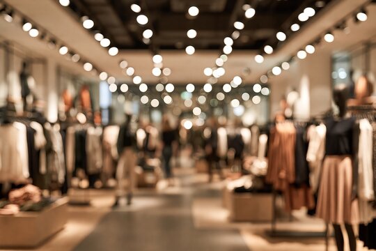 Fashion retail space with warm lights and clothing racks
