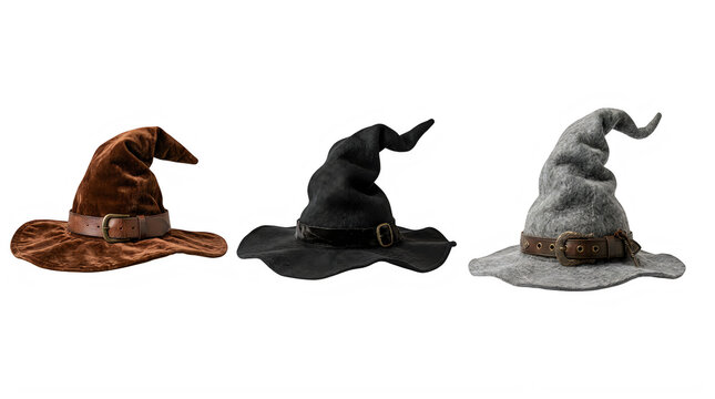 Three different witch hats in brown black and grey colors for halloween costume and magic