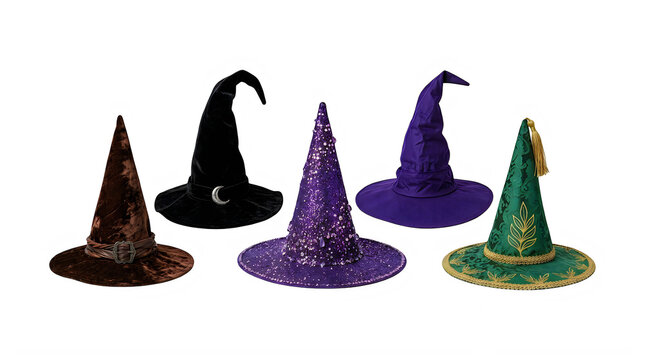 Set of colorful pixel art witch hats for Halloween costumes and magical fantasy character design