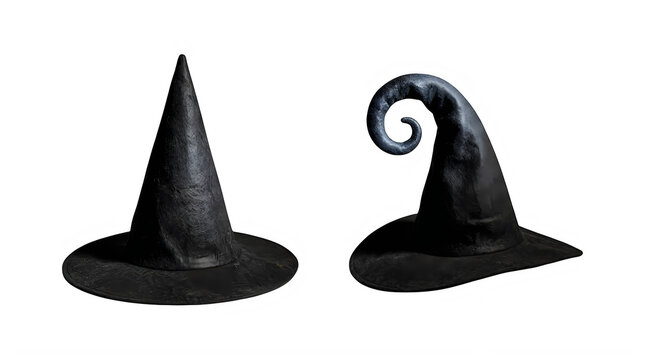 Two black witch hats for halloween celebration with a classic pointed and a curly design