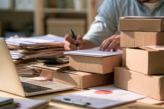 Businessperson manages packages and paperwork at cluttered work desk