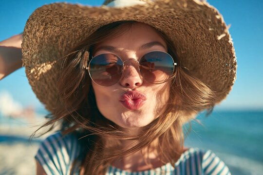 Smiling woman in sunhat blowing kiss near ocean shoreline