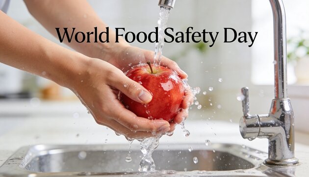 Hands washing a red apple under running water in a kitchen sink.