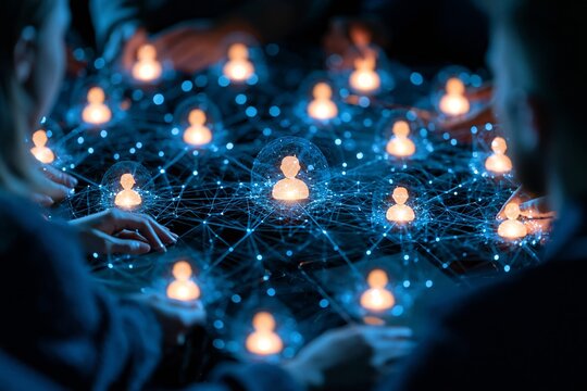 Abstract digital network visualization with human silhouette icons