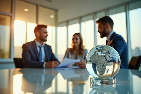 Business meeting with diverse professional team discussing global market strategies around a glass globe on office table in modern corporate environment