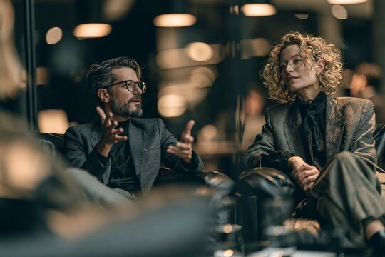 Man and woman converse intently in stylish, softly lit environment