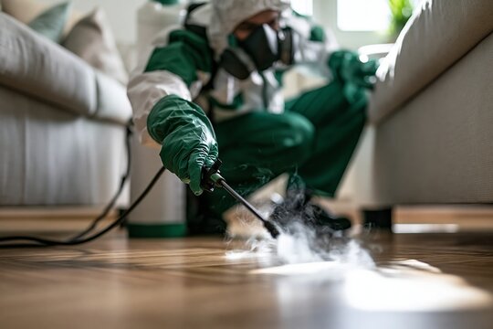 Pest control professional sprays disinfectant on hardwood floor near living room