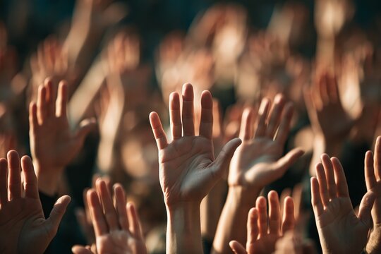Crowd of hands lifted high, expressing joy or participation during an event