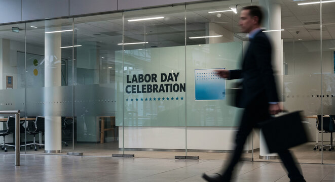 Labor Day celebration sign on a glass office partition. Blurred businessman in a suit walking with a briefcase. Modern corporate workplace holiday announcement