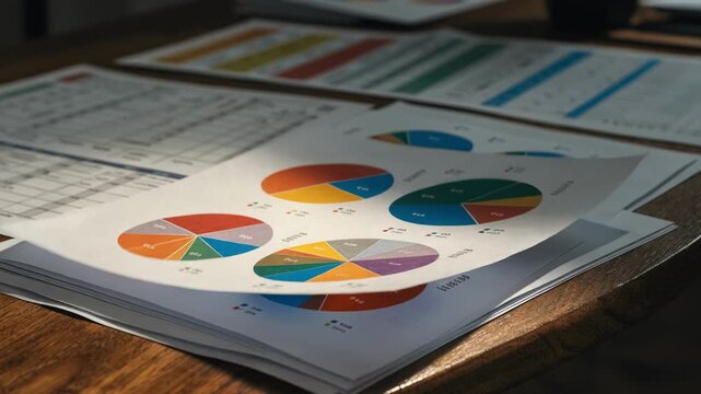Medium shot of printed conservative allocation charts with sharp focus on pie graphs blurred order tickets and sheets in the background highlighting riskaverse strategy.