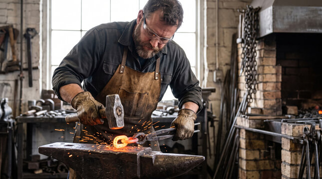 Blacksmith forging metal chain link with hammer in workshop while sparks fly. Skilled blacksmith works on heated metal, showcasing craftsmanship and dedication to traditional forging techniques.