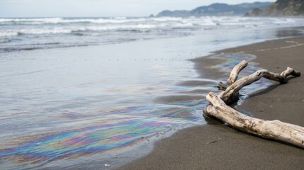 Obraz premium Iridescent oil film on wet sand with driftwood, showing environmental contamination on a beach