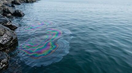 Obraz premium Iridescent oil slick on water surface beside rocky shoreline, environmental pollution and contamination concept