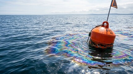 Obraz premium Iridescent oil slick surrounds orange buoy on ocean surface, environmental pollution concept with copy space