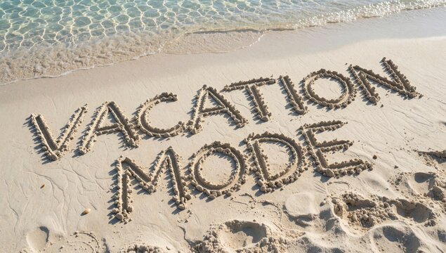 Word vacation mode written sand beach cursive font made small rocks pebbles light brown there footprints scatt
