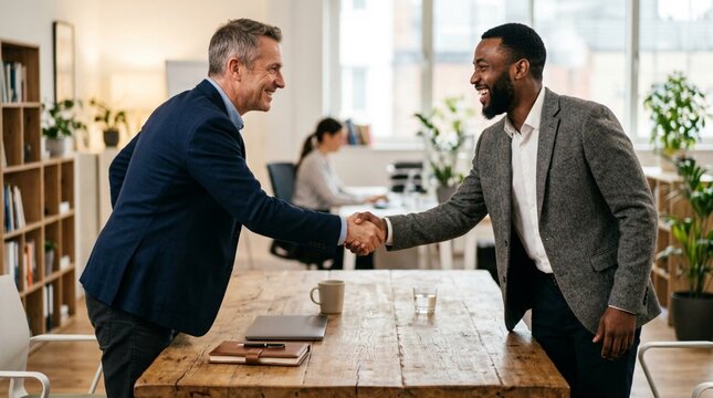 Two smiling businessmen shake hands across a wooden meeting table in a bright modern office, suited for partnership, hiring, or client success marketing.