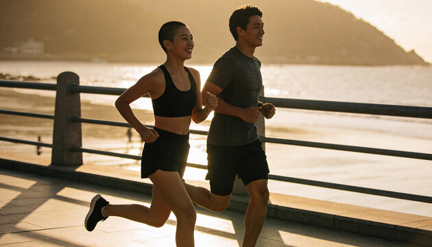 Asian couple jogging on a coastal promenade at sunset. Man and woman running together for fitness on a seaside path during golden hour. Healthy lifestyle and outdoor exercise concept