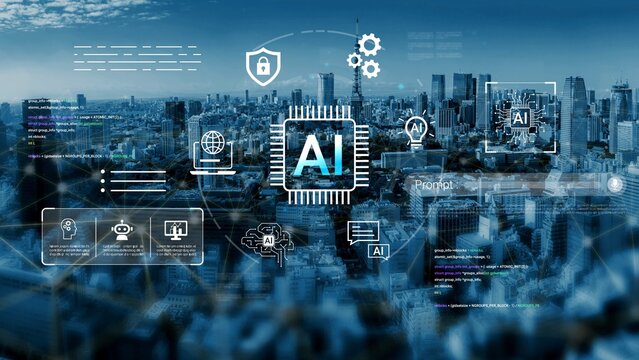 Futuristic City Skyline with Digital Technology Overlays Featuring AI Concepts, Data Security, and Global Connectivity in Urban Environment Gluon.