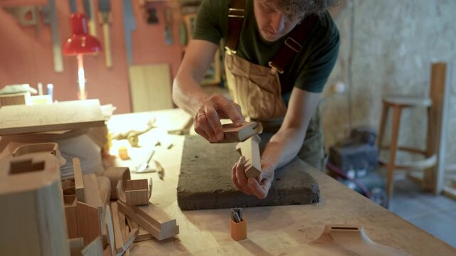 Carpentry workshop and furniture creating, skillful man carpenter polishes future chair legs with sand paper to perfect smoothness, male craftsman sanding detail to prevent roughness and splinters.
