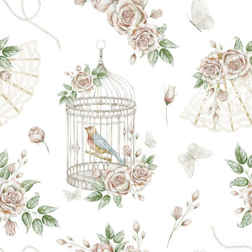 Bird cage seamless floral pattern with roses, birdcages, lace fans. Watercolor illustration of vintage surface design for wallpaper, fabric and stationery. Romantic backdrop for scrapbooking.