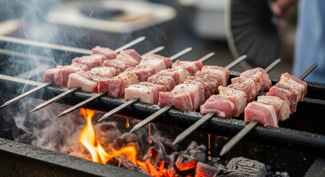 Skewered meat cooking over fire