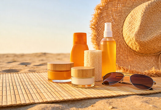 Summer skincare products on a bamboo mat at the beach. Sunscreen bottles and jars with straw hat and sunglasses. Sun protection and beauty routine concept during golden hour