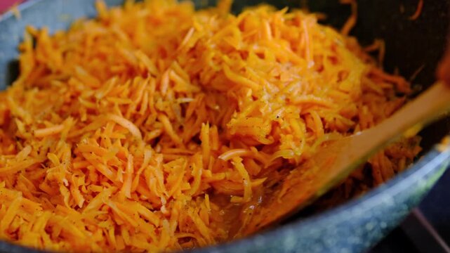 Sauteing grated carrots in large frying pan with wooden spatula, preparing vegetable base for homemade recipes, traditional cooking process, vertical video