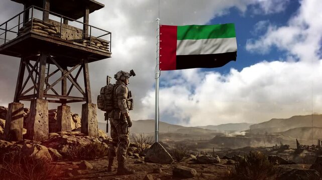 UAE military soldier standing near the national flag on a battlefield