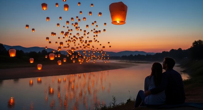 Sky lanterns over water at dusk