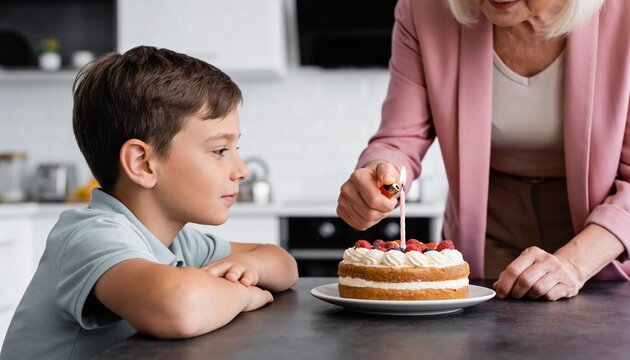 Young boy watching grandmother light a candle on a birthday cake. Senior woman and grandson celebrating with a berry cream cake in a kitchen. Family celebration at home