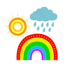 Obraz premium children's rainbow cloud and sun. Hand drawn. Not AI, vector illustration.