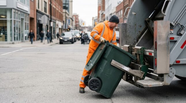 Sanitation worker emptying trash bin into garbage truck 