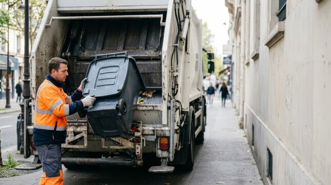 Sanitation worker emptying trash bin into garbage truck on city street, municipal waste collection service