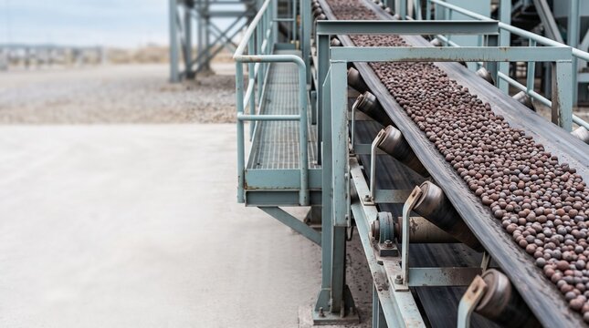 Iron ore pellets on conveyor belt in industrial processing facility  