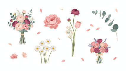 Obraz premium Collection of pink roses, daisies, and floral bouquets isolated on a transparent background