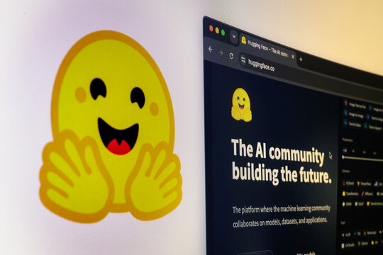 Porto, Portugal - July 23th, 2026: Hugging Face logo and Hugging Face AI website on computer monitor
